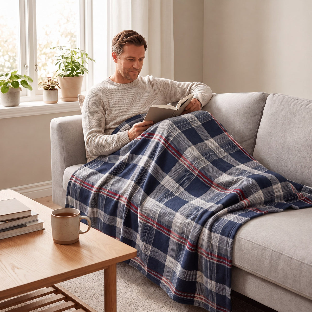 Homme lisant sur le canapé sous la couverture thérapeutique avec housse en flanelle à carreaux bleus