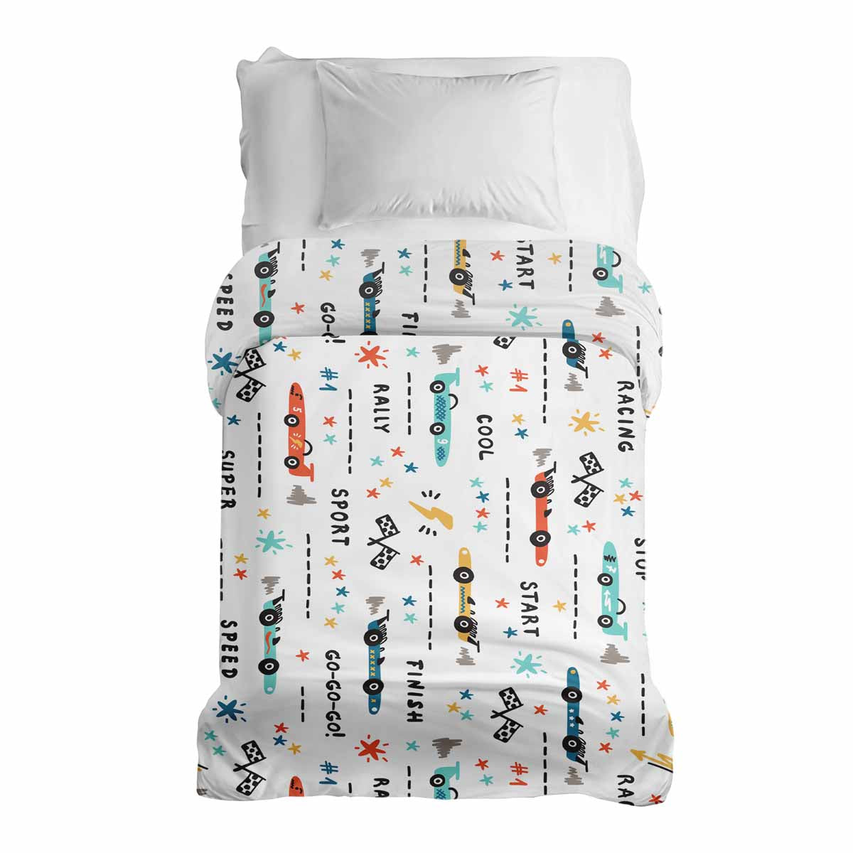 Couverture thérapeutique originale - Housse en coton blanc avec voitures de course