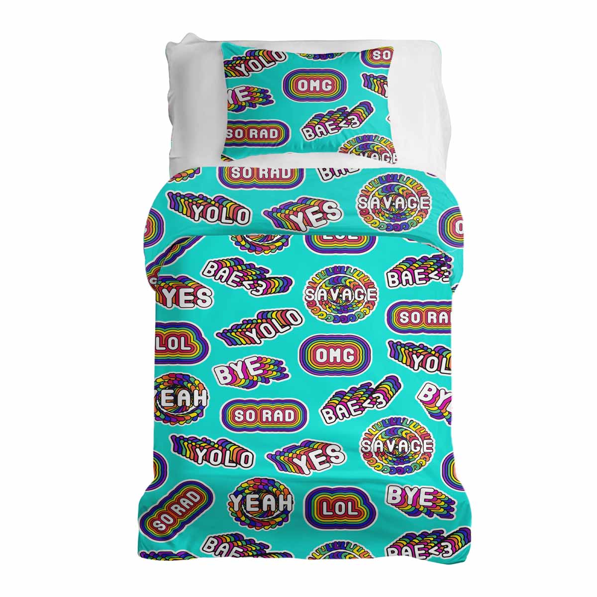 Set di biancheria da letto con coperte terapeutiche turchese con scritte