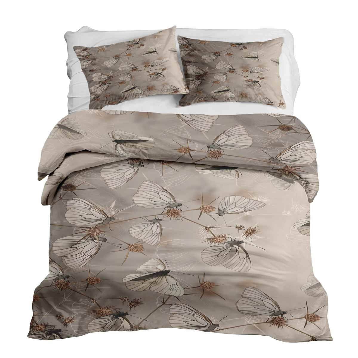 Juego de ropa de cama beige con mantas terapéuticas y polillas