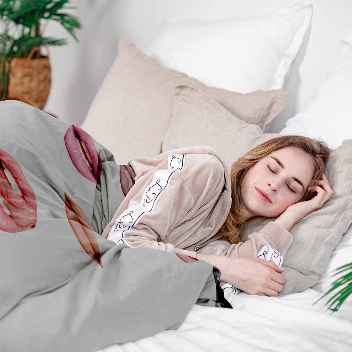 Set di biancheria da letto con coperta terapeutica bianca con labbra