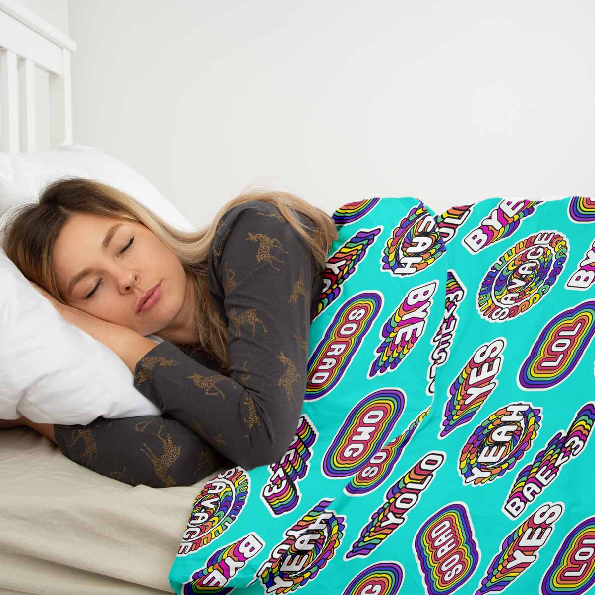 Set di biancheria da letto con coperte terapeutiche turchese con scritte