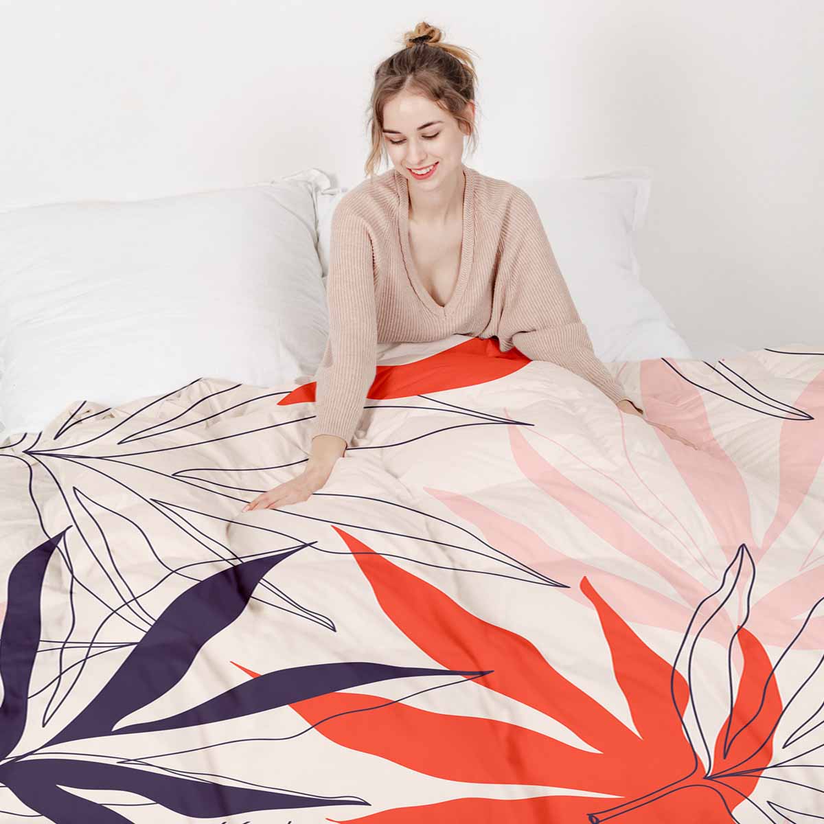 Therapy blankets bedding set beige with colorful leaves