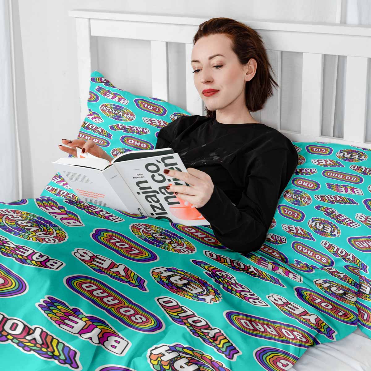 Originele therapiedeken - katoenen hoes turquoise met spreuken