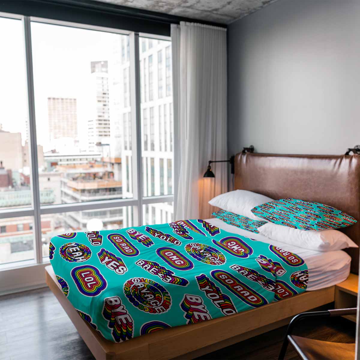 Set di biancheria da letto con coperte terapeutiche turchese con scritte