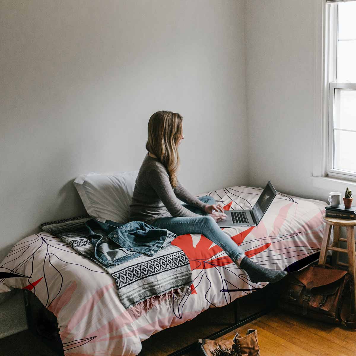 Originele therapiedeken - katoenen hoes beige met kleurrijke bladeren