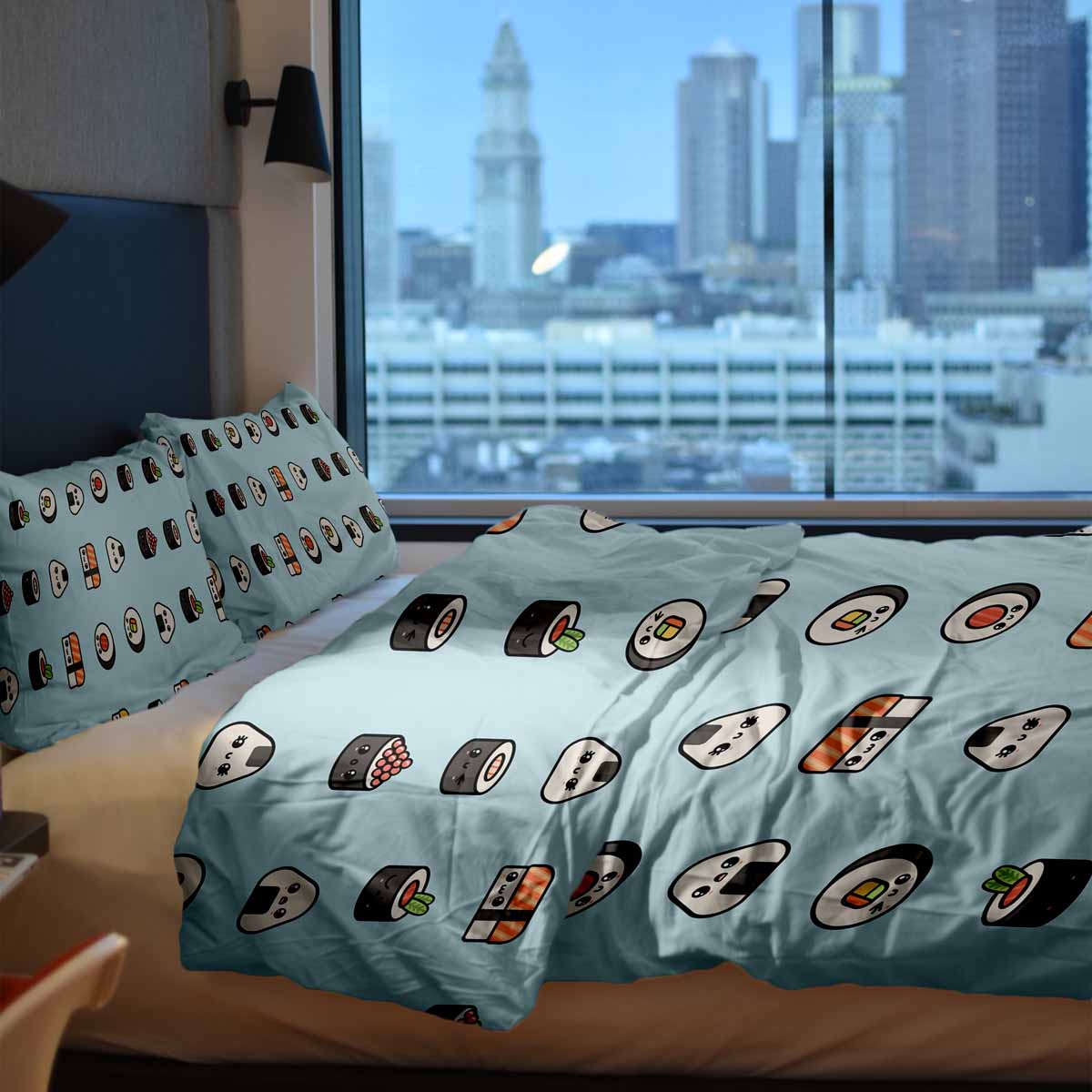 Therapy blankets bedding set light blue with sushi