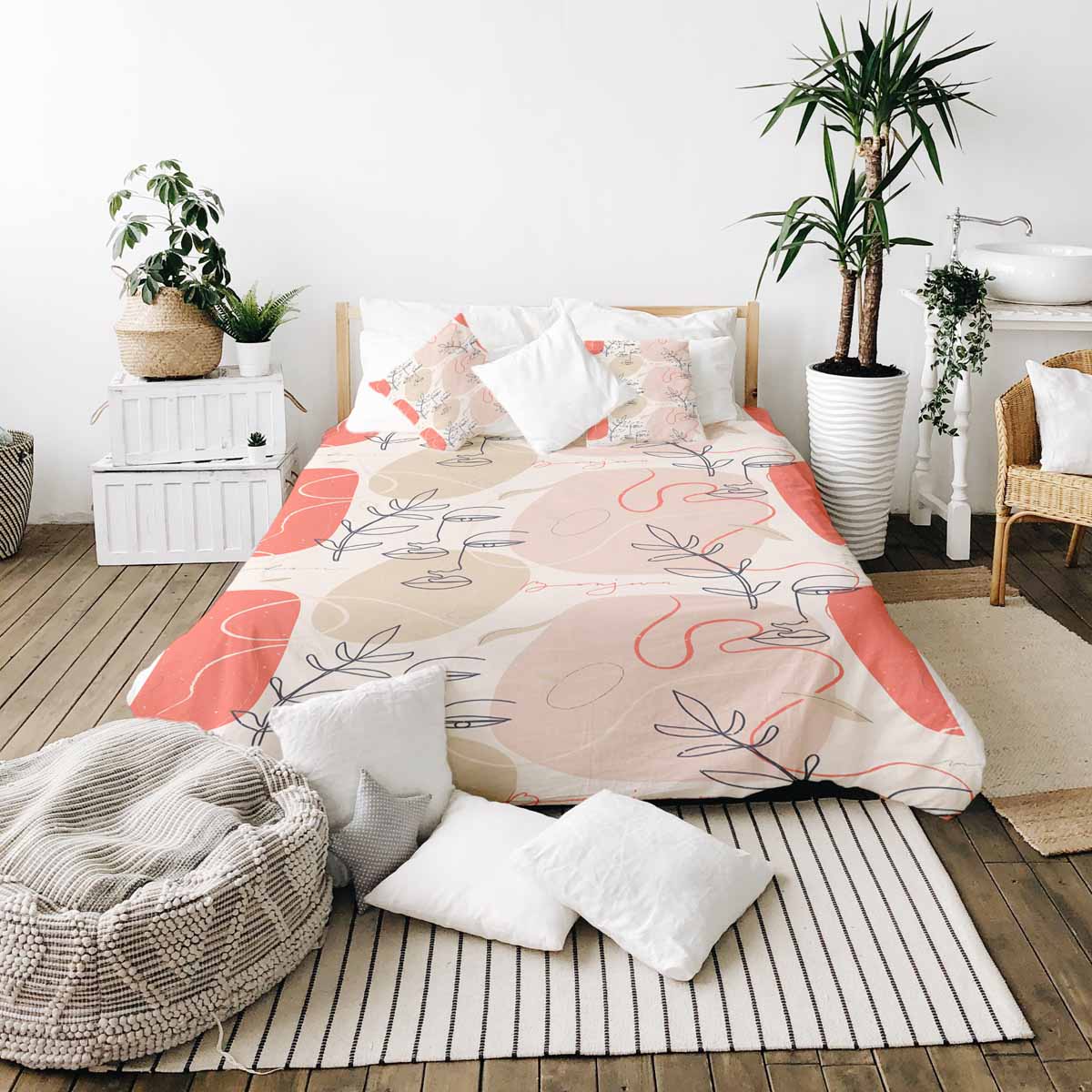 Coperta terapeutica originale - Rivestimento in cotone beige con volto astratto