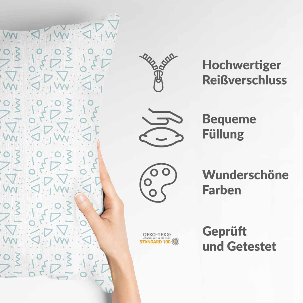 Health pillow white with blue shapes