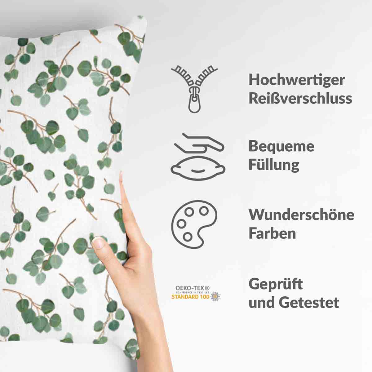 Almohada de salud blanca con ramas de eucalipto