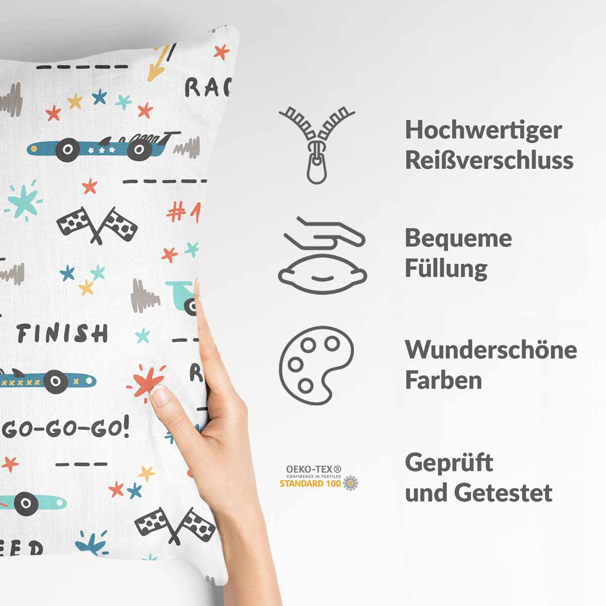 Gezondheidskussen wit met raceauto's