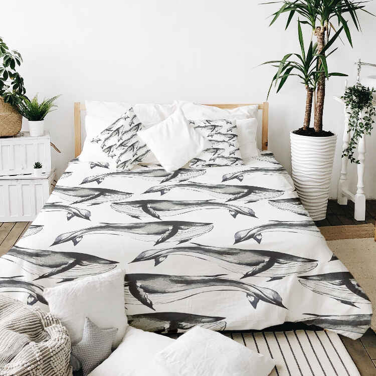 Set de ropa de cama con manta terapéutica ballena azul negra