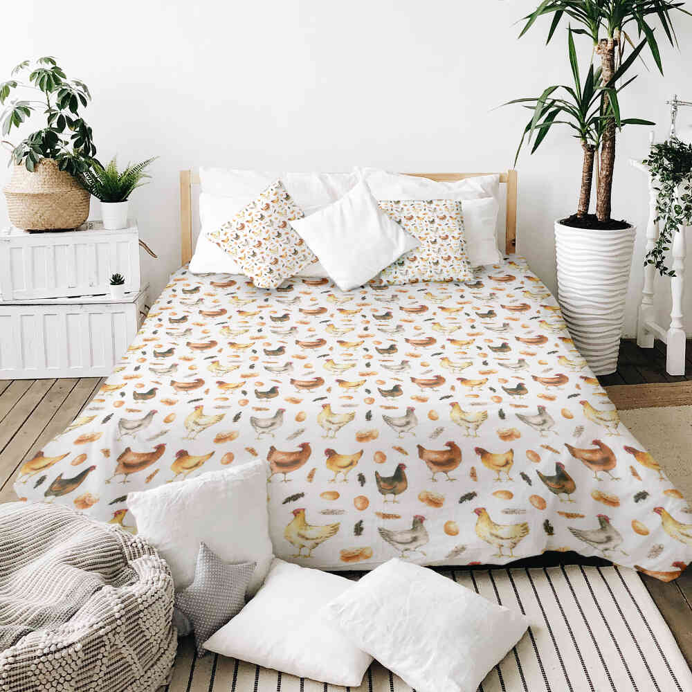 Therapy blankets bedding set white with chickens