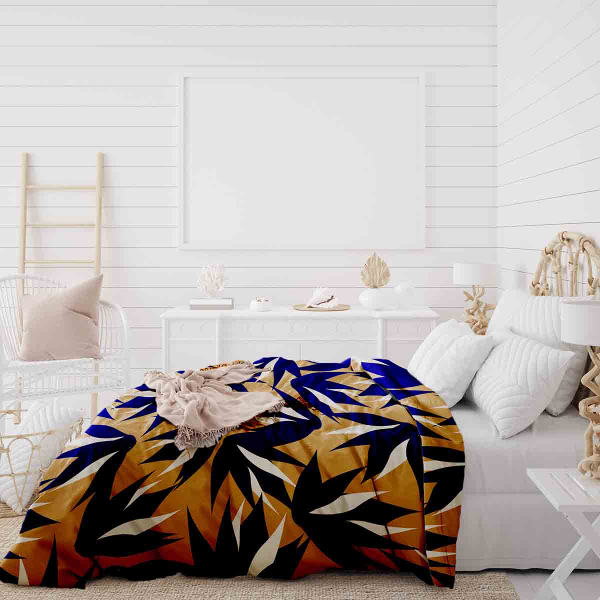 Therapy blankets bedding set brown with blue leaves