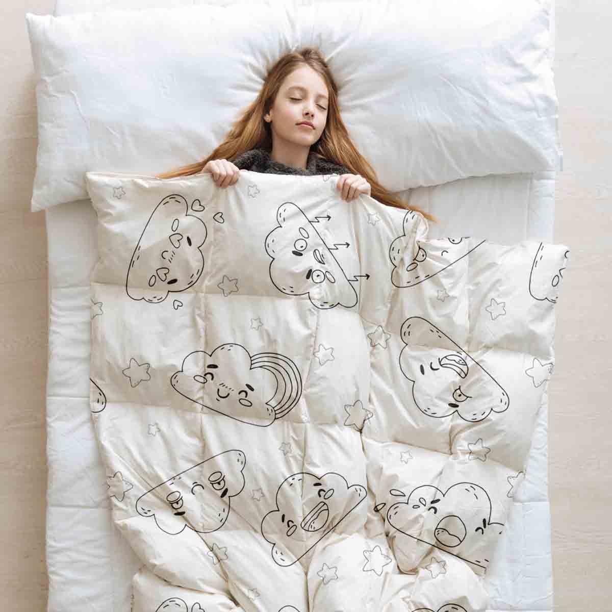 Manta terapéutica original - Funda de algodón blanca con divertidas nubes