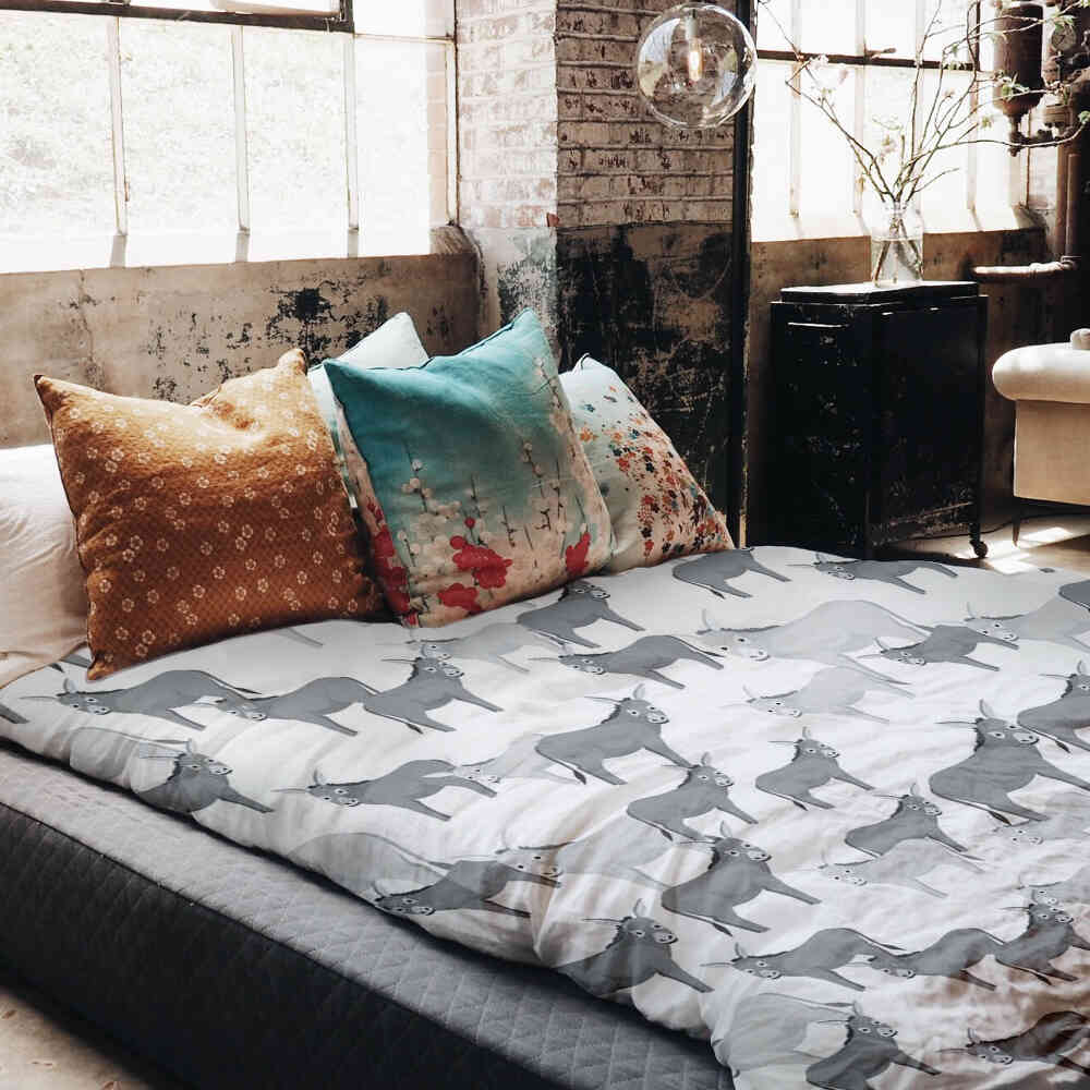 Set di biancheria da letto con coperte terapeutiche grigie con asini