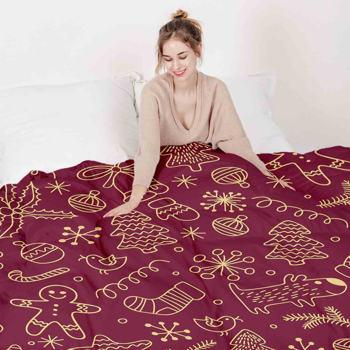 Juego de ropa de cama con manta terapéutica roja con divertidos motivos navideños