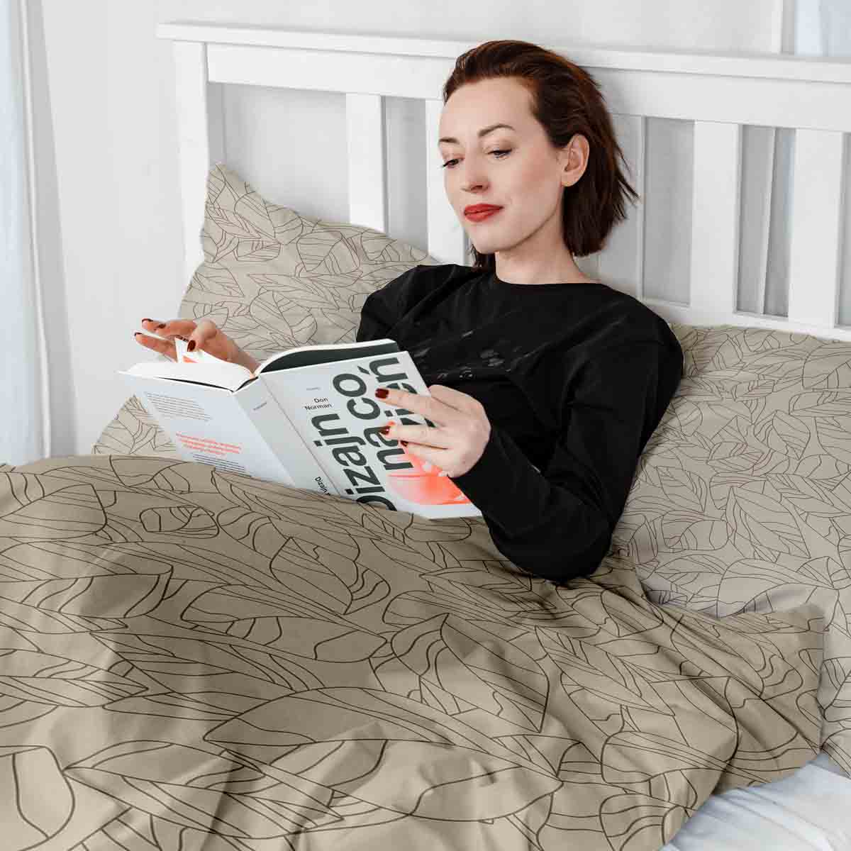 Set de ropa de cama con manta terapéutica beige con forma de hoja negra