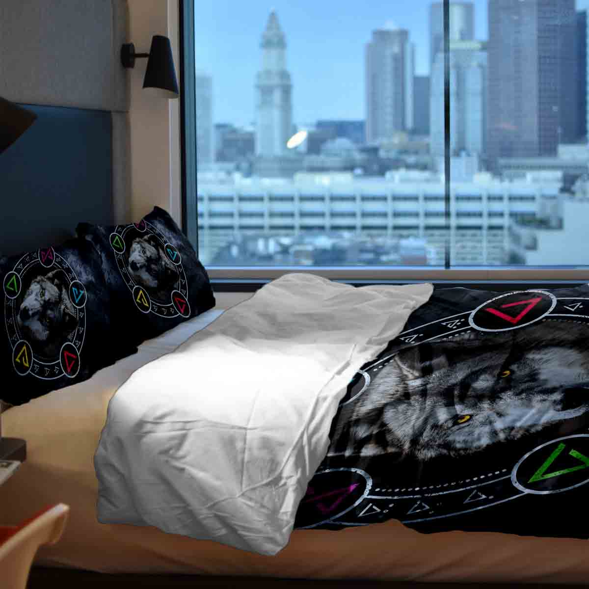 Therapy blankets bedding set gray with wolf