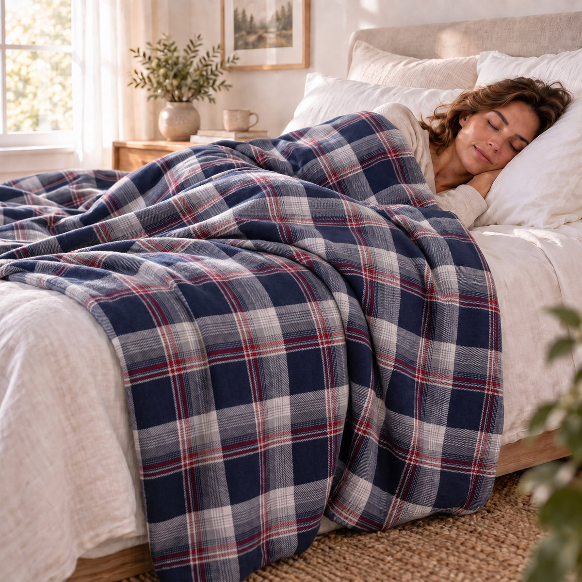 Femme dormant paisiblement sous la couverture thérapeutique avec housse en flanelle à carreaux bleus