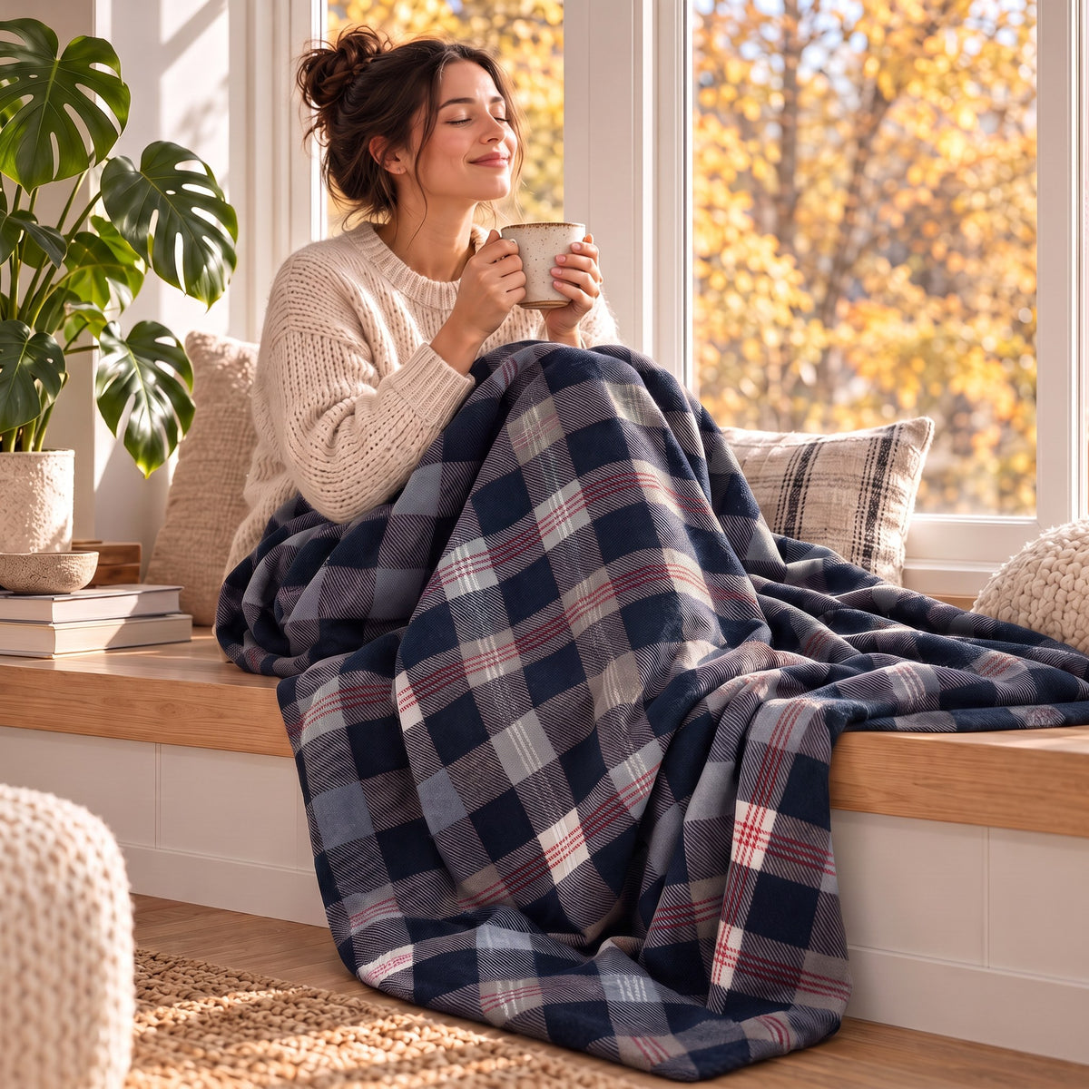Femme se détendant près de la fenêtre, enveloppée dans la couverture thérapeutique avec housse en flanelle à carreaux bleus