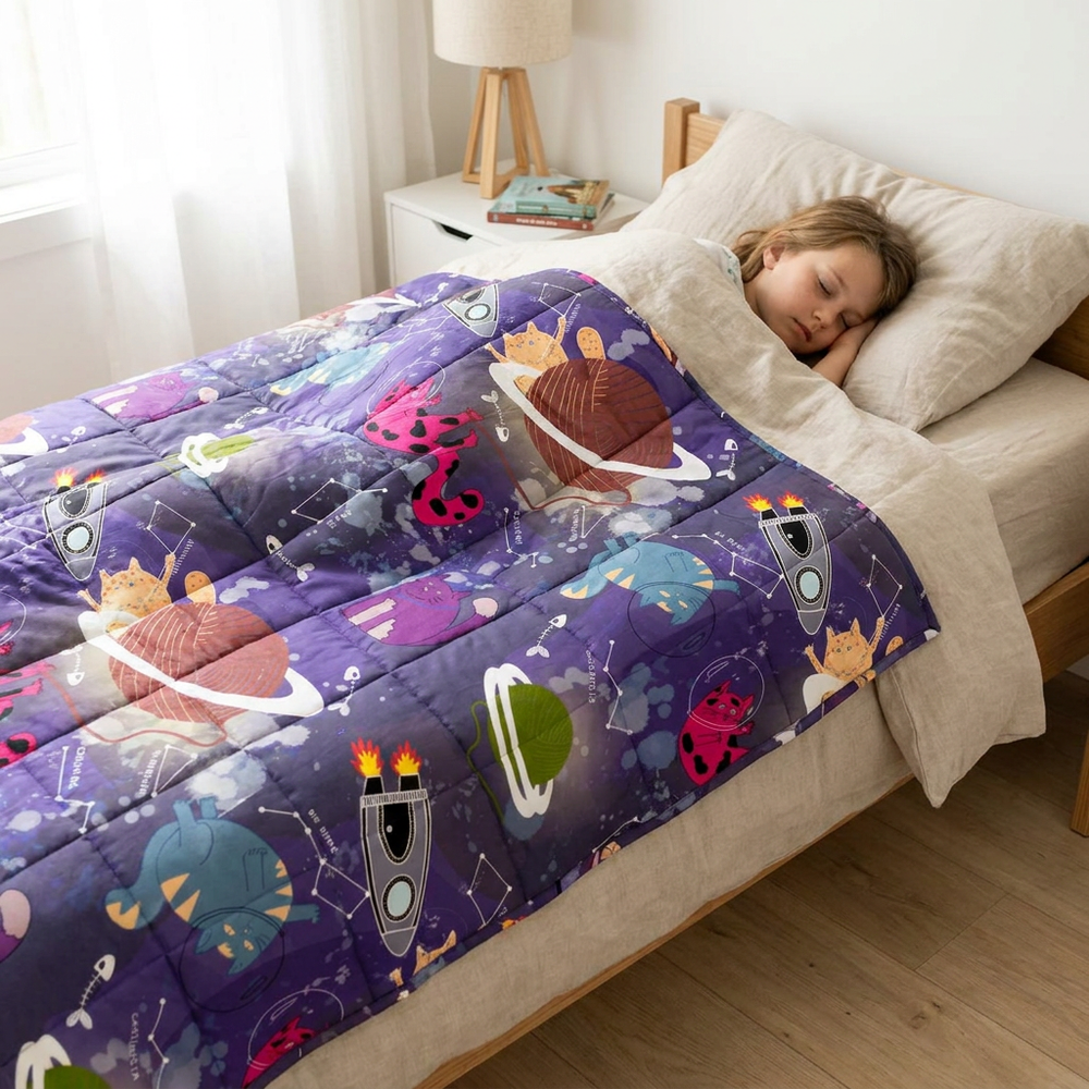 Bambino che dorme sotto la coperta ponderata medicale con motivo spazio