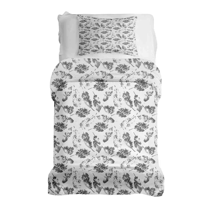 Therapy blanket and bedding set, white with grey leaves.