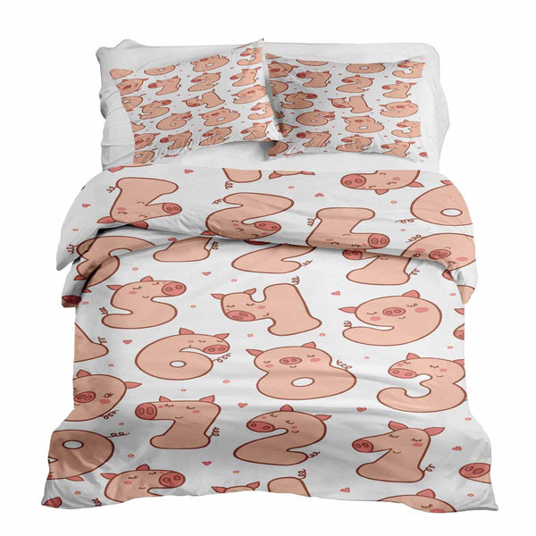 Therapy blanket and bedding set, white with numbers and pigs.