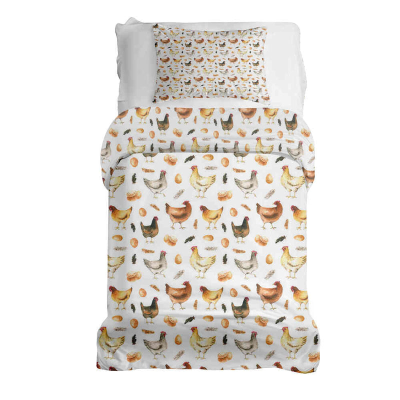 Therapy blanket bedding set, white with chickens.