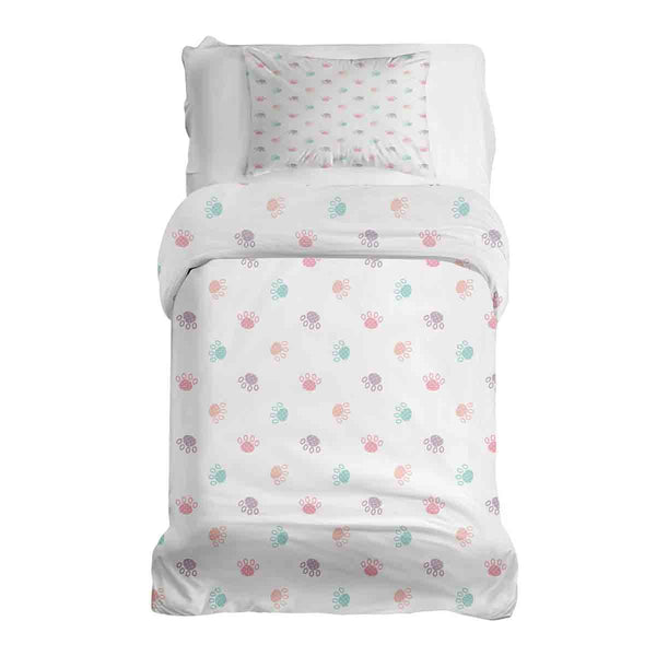 Therapy blanket and bedding set, white with colorful paws.