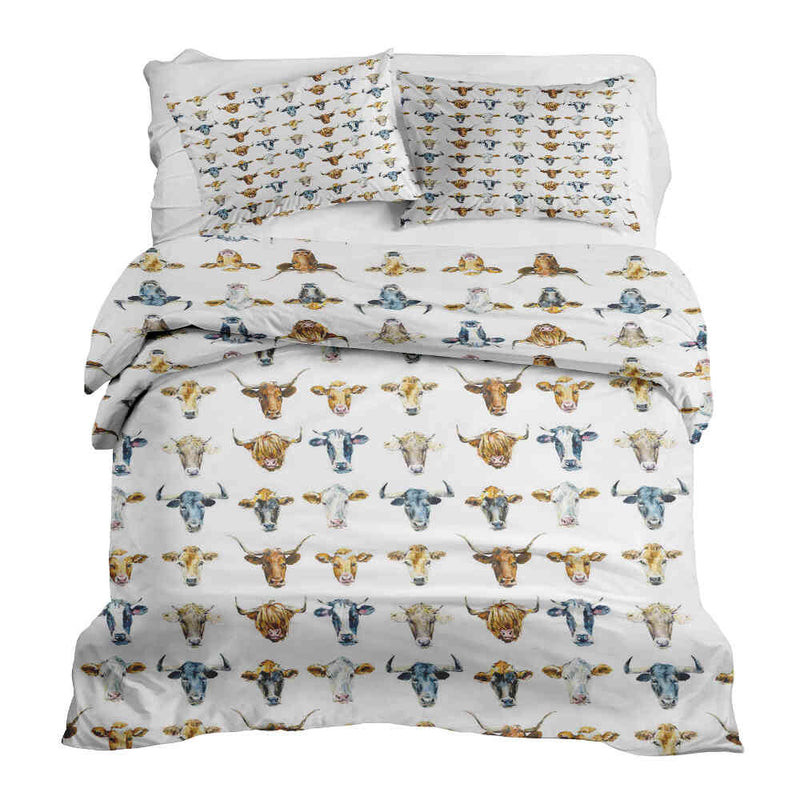 Therapy blanket bedding set, white with bull heads.