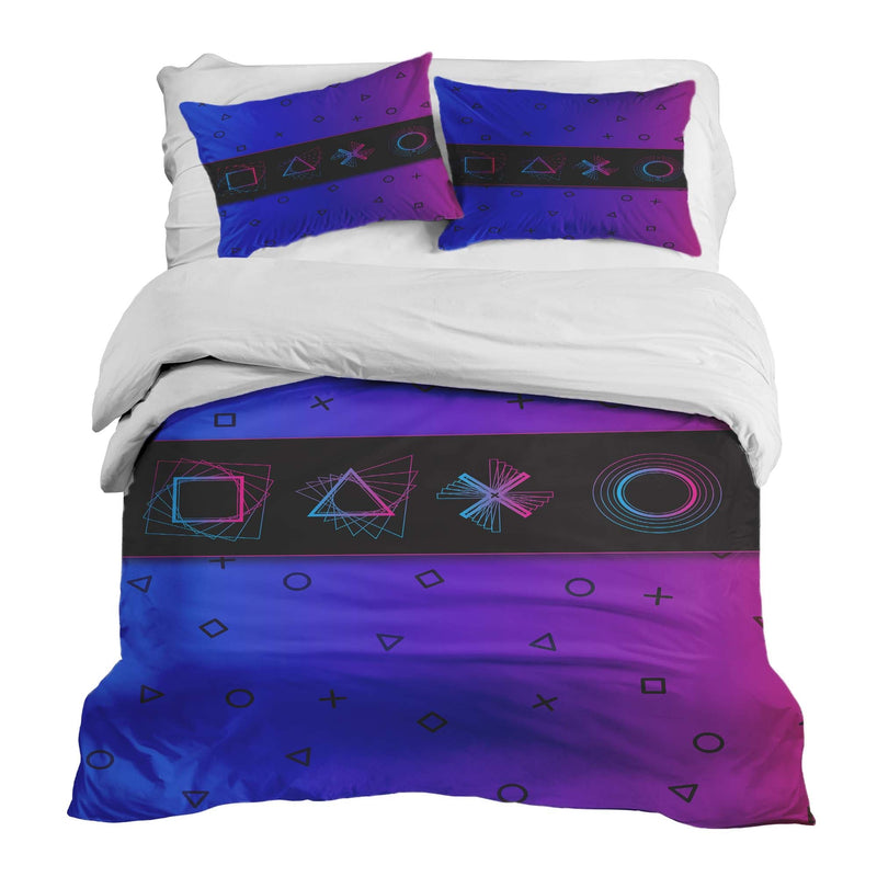 Therapy blanket bedding set, purple with shapes.