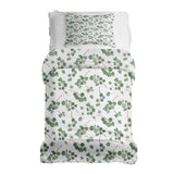 Therapy blanket bedding set, white with eucalyptus branches.