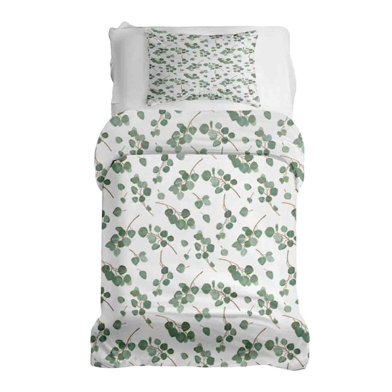 Therapy blanket bedding set, white with eucalyptus branches.