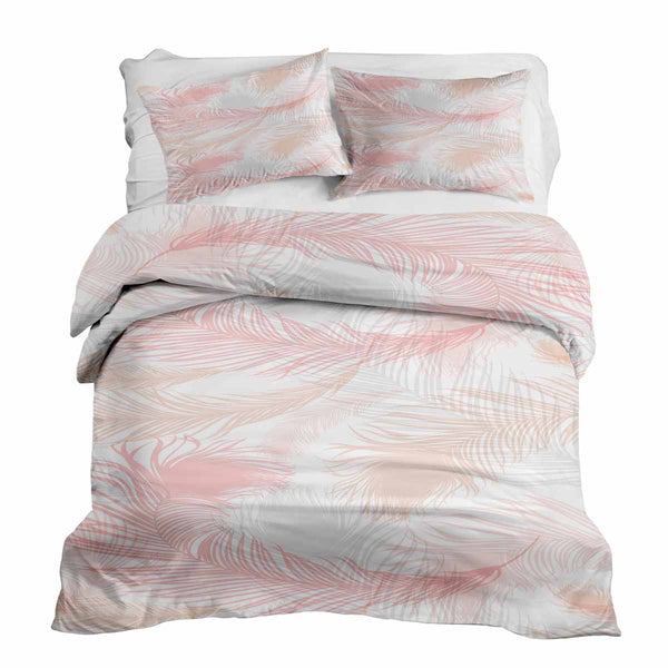 Therapy blanket bedding set, white with pink feathers.