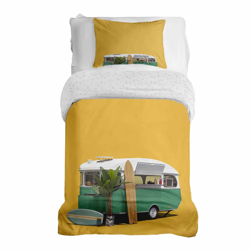 Set di biancheria da letto con coperta terapeutica gialla con autobus