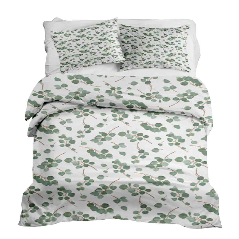 Therapy blanket bedding set, white with eucalyptus branches.