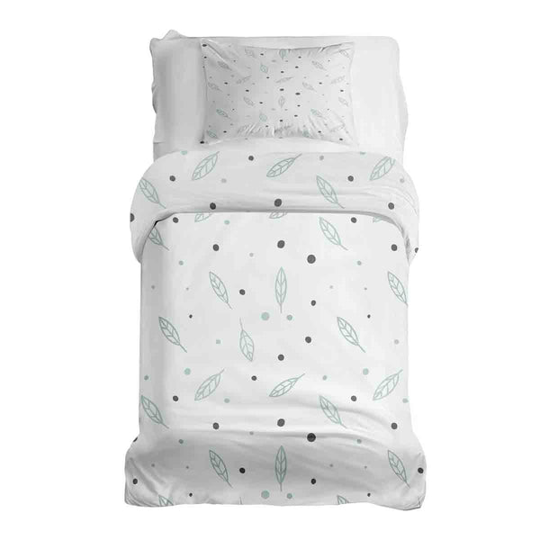 Therapy blanket bedding set, white with feathers and dots.