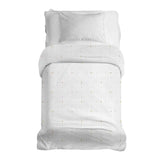 Therapy blanket and bedding set, white with small shapes.