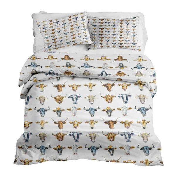 Therapy blanket bedding set, white with bull heads.