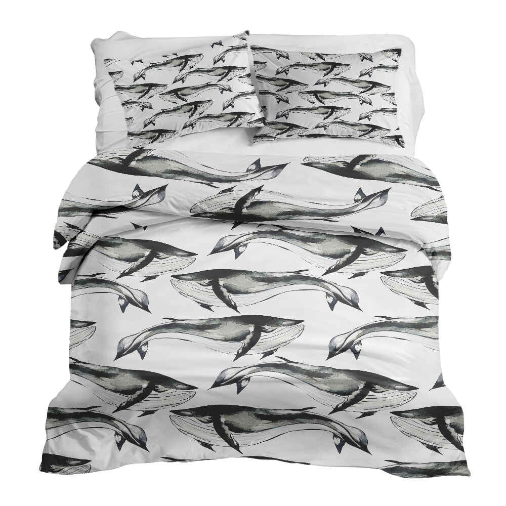 Set de ropa de cama con manta terapéutica ballena azul negra