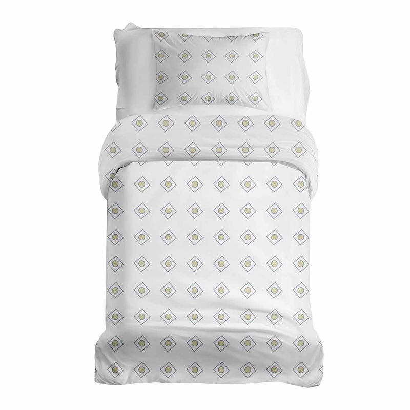 Therapy blanket and bedding set, white with green circles.