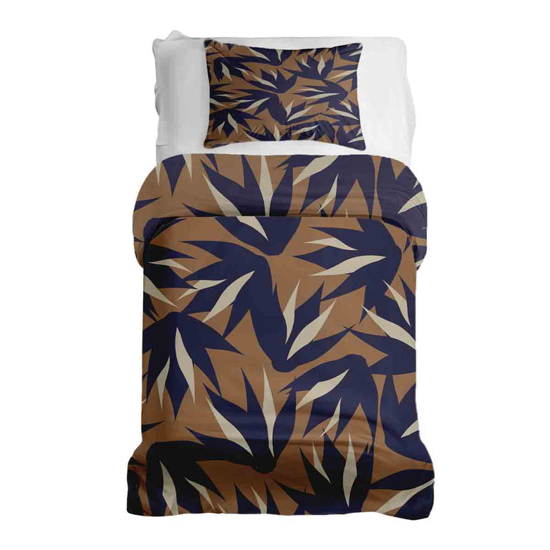 Therapy blanket and bedding set, brown with blue leaves.
