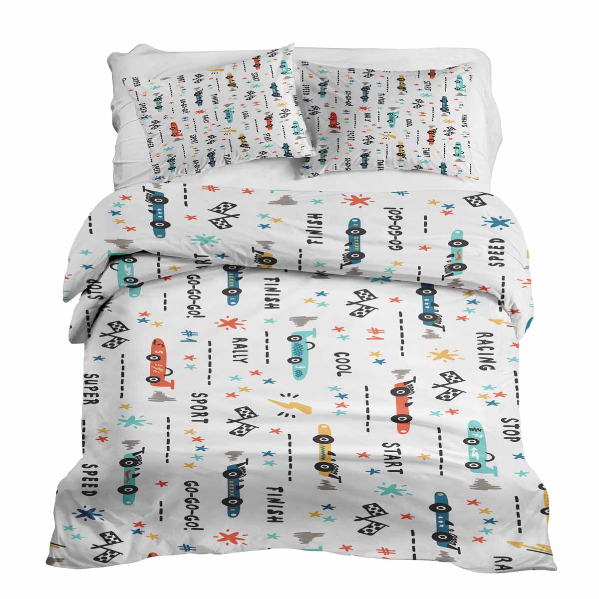 Therapy blankets bedding set white with race cars