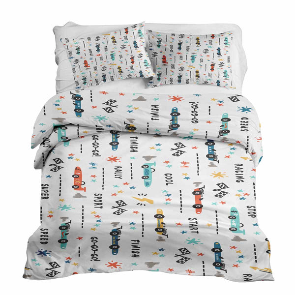 Therapy blankets and bedding set, white with racing cars.