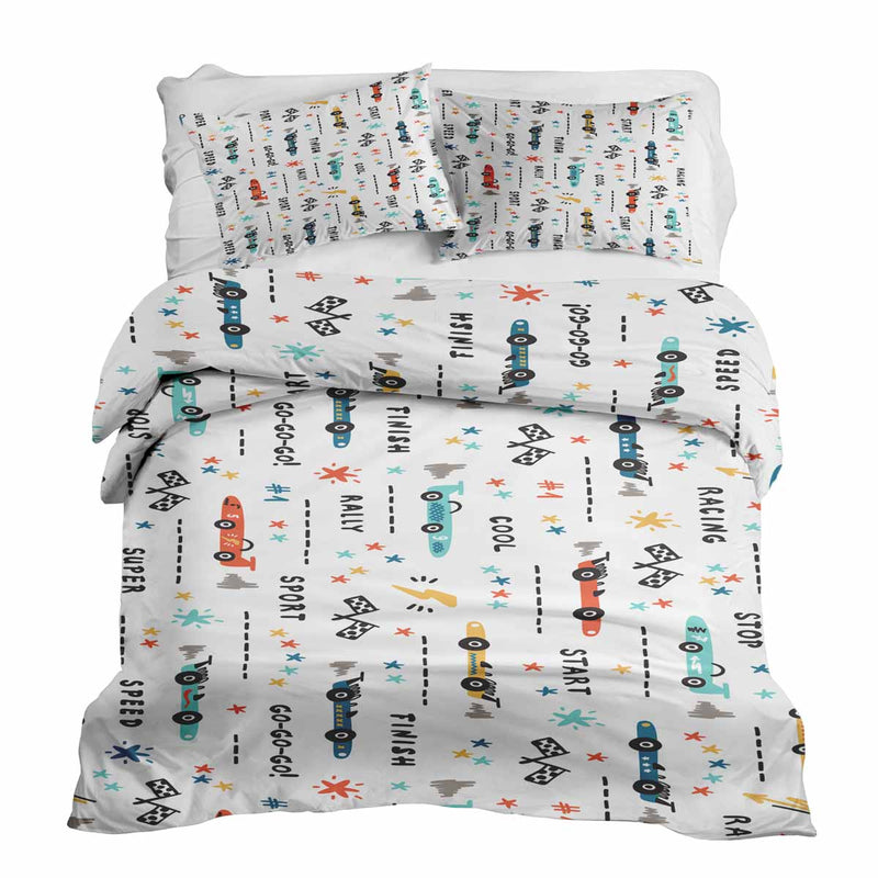 Therapy blankets and bedding set, white with racing cars.