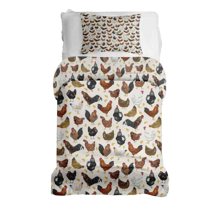 Therapy blanket bedding set, white with many chickens.