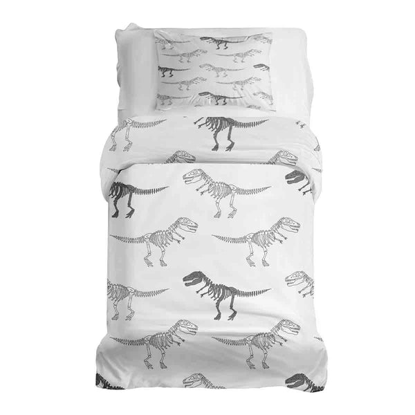 Therapy blanket bedding set, white with dinosaur skeleton.