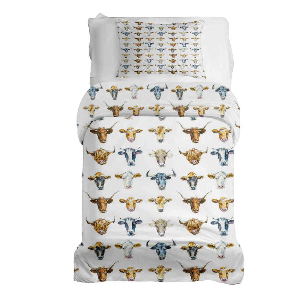 Therapy blankets bedding set white with bull heads