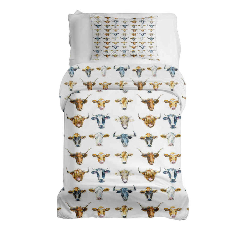 Therapy blanket bedding set, white with bull heads.